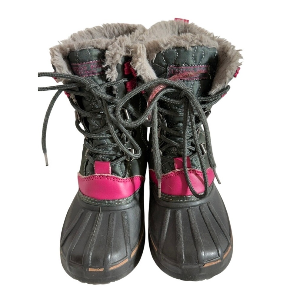 London Fog Girls Winter Snow Boots Gray Pink Quilted Faux Fur Trim Waterproof